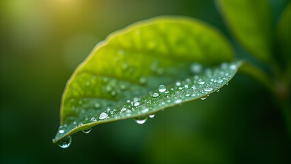 Green Leaf Vein with Raindrops Macro Photography