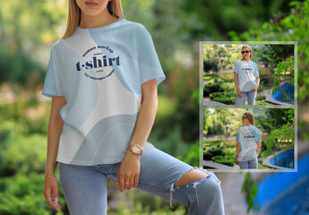 3 T-shirt Mockups on a Girl Walking in the Park