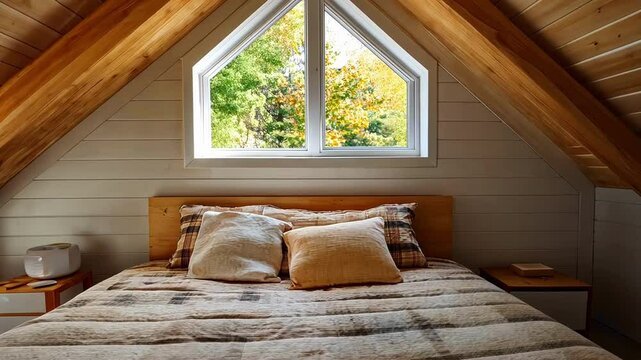 Warm sunlight illuminates a cozy attic bedroom with a wooden ceiling, bed, and a triangular window