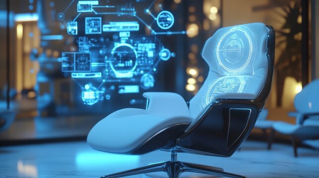 Hologram data is being projected on a futuristic armchair in a luxury apartment, showcasing cutting edge technology and modern interior design