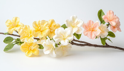 Fototapeta premium Pastel Yellow White Peach Artificial Flowers Branch on White Background