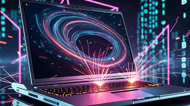 Futuristic Laptop with Digital Cyber Vortex, Glowing Data Particles, and High-Tech Holographic Interface in Cyberspace

