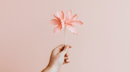 Hand Holding a Delicate Pink Flower Against a Soft Pink Background for Aesthetic and Minimalist Decor Inspiration