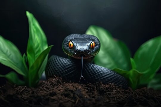 A close-up of a black snake with striking yellow eyes, poised among green leaves, creating a captivating and mysterious atmosphere.