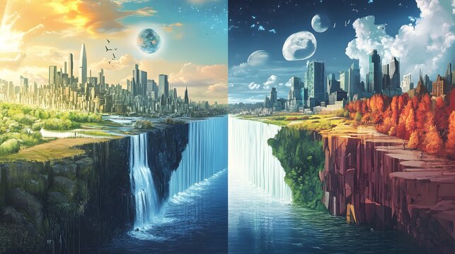 Dual Cityscapes: Waterfalls & Planets, Futuristic Dreamscapes