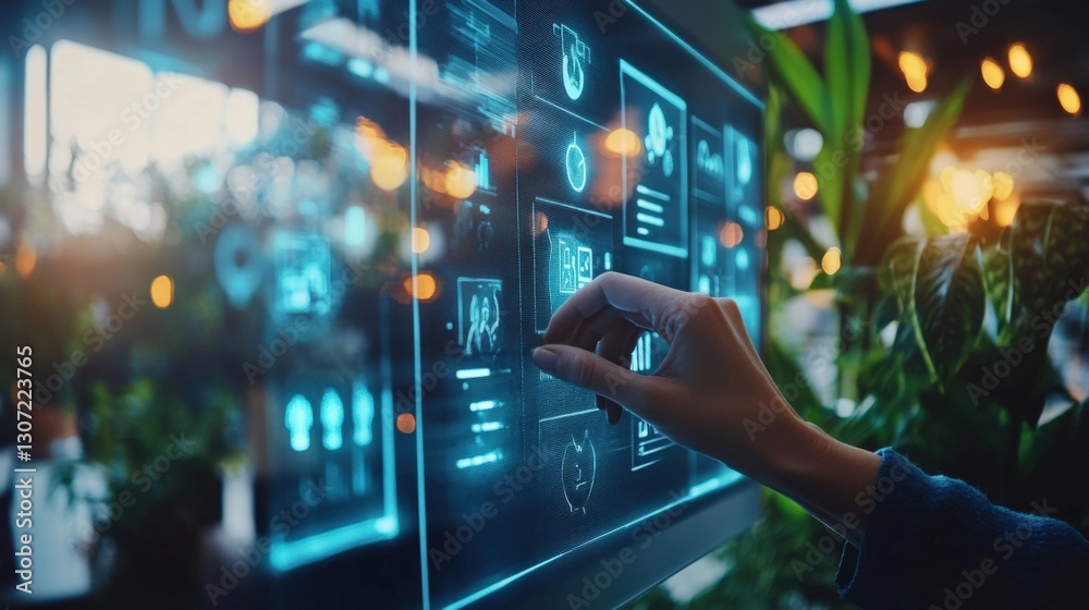 Poster hand interacting with holographic graphical user interface using a futuristic transparent touchscree