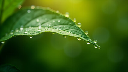 Fresh Green Leaf with Water Droplets Macro Shot