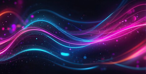 Colorful light waves travel through a dark space creating a vibrant atmosphere with shimmering particles, created by ai generated