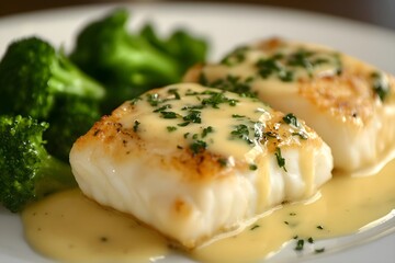 Close-Up of Tender White Fish Fillet with Hollandaise Sauce and Steamed Green Broccoli
