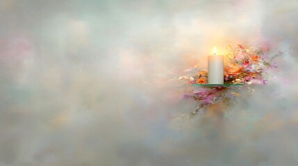 Softly Glowing Candle Surrounded by Delicate Floral Accents on a Dreamy Pastel Background