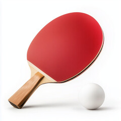 A red table tennis paddle with a white ball on a white background