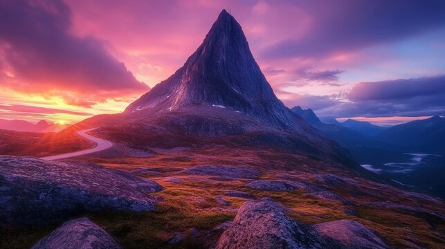 Stetind national mountain and empty asphalt road in Norway sunset rocky peak landscape, summer season travel beautiful destinations scandinavian northern nature scenery