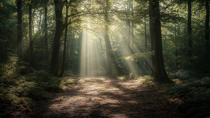 Fototapeta premium Sunbeams illuminate mystical forest path green trees nature ray calm dark woods light scenic summer