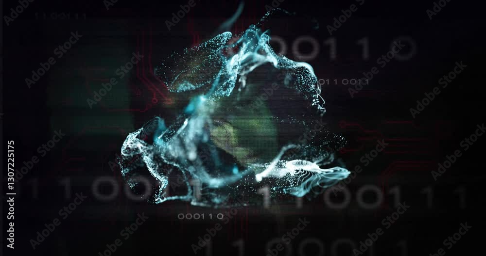Poster animation of digital particles forming dynamic shape over binary code background