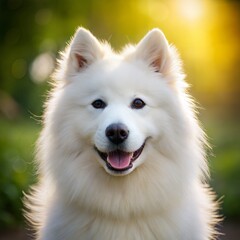 Fototapeta premium Portrait of a young Samoyed dog, showcasing its fluffy white fur and friendly expression