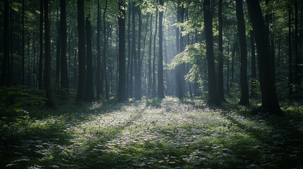 Fototapeta premium Sunbeams illuminate mystical forest floor with green plants calm trees woods light image photo flora