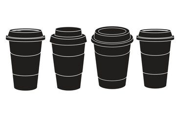 Coffee paper cup, mug mockups, cardboard and plastic package with lids.Black and white vector elements. Disposable coffee cups, mugs for hot drinks from white, brown and black paper set 