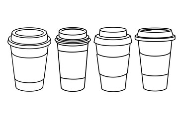 Coffee paper cup, mug , cardboard and plastic package with lids.Black and white vector elements. Disposable coffee cups, mugs for hot drinks from white, white and black paper set 