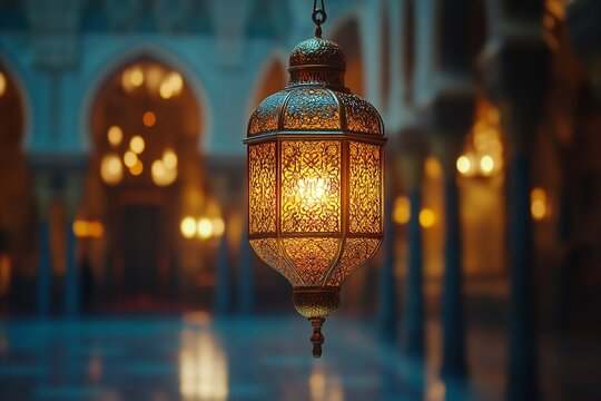 Islamic backdrop for Eid Mubarak lanterns. Generative Ai