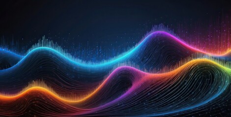 Colorful digital sound waves create an abstract representation of music and audio frequencies in a dynamic visual display, created by ai generated
