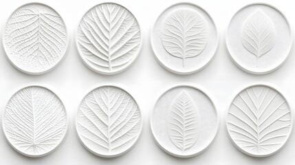 Elegant Collection of White Leaf Imprints on Circular Plates for Natural and Minimalist Decor