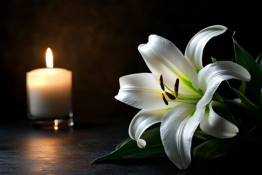 Elegant lily and candle arrangement.