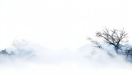 Misty Landscape with Bare Trees and Mountains in Soft Focus, Ideal for Serenity and Calmness