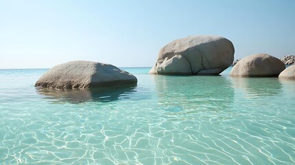 Fototapeta premium Tranquil beach scene with smooth rocks partially submerged in clear turquoise water.