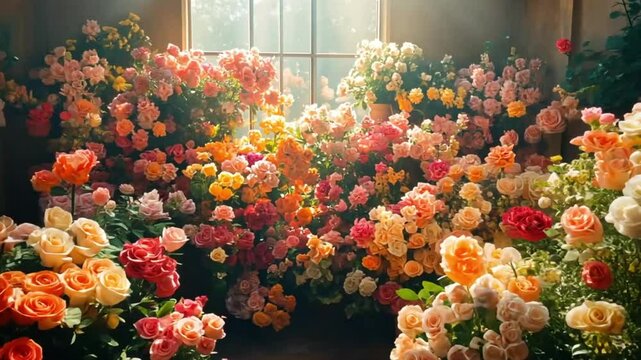 Colorful roses fill sunlit room, floral display, indoor garden