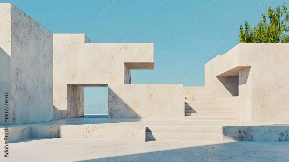 Poster a modern architectural space featuring abstract concrete structures under a clear blue sky, blending