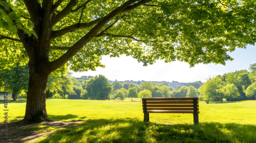 Aufkleber a peaceful park scene featuring a wooden bench under a large tree, surrounded by lush greenery and s