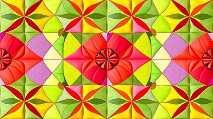 Fototapeta premium Vibrant Floral Mosaic: a captivating display of intricately designed floral pattern, featuring a mesmerizing combination of vivid colors, geometric shapes, and symmetrical arrangement