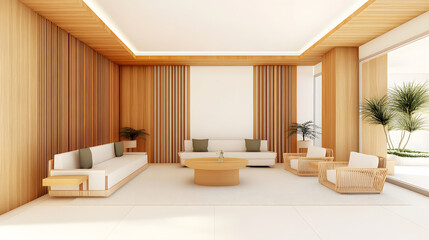 Fototapeta premium A modern, minimalist living room featuring wooden accents, comfortable seating, and natural light, creating a serene and inviting atmosphere