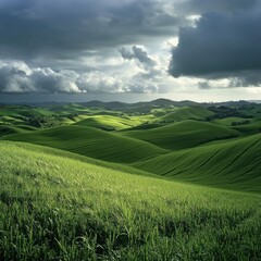 Obraz premium Rolling green hills under dramatic sky.