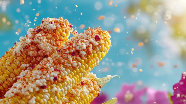 Festive Mexican Street Corn with Cheese and Chili Powder on Sky Blue Background