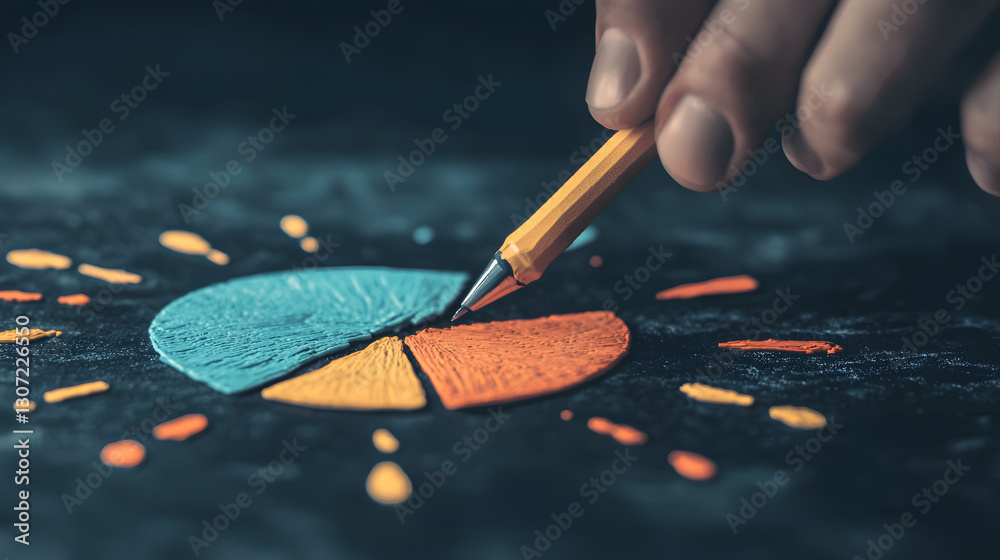 Poster a hand draws a colorful pie chart with a pencil on a dark surface, illustrating data visualization a