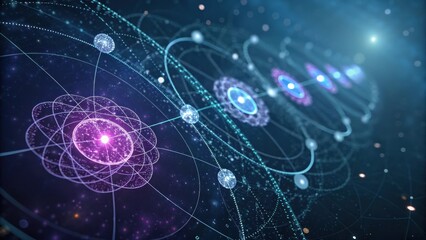 Naklejka premium Abstract representation of atomic structures with glowing particles and orbits in a cosmic background.