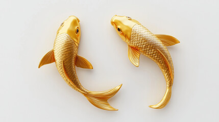 2 golden koi fishes on a white background, 3D rendering, 3d illustration