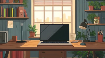 A modern workspace featuring a laptop with a blank screen on a desk, representing productivity, technology, workplace technology, remote work, digital productivity and modern office environments.