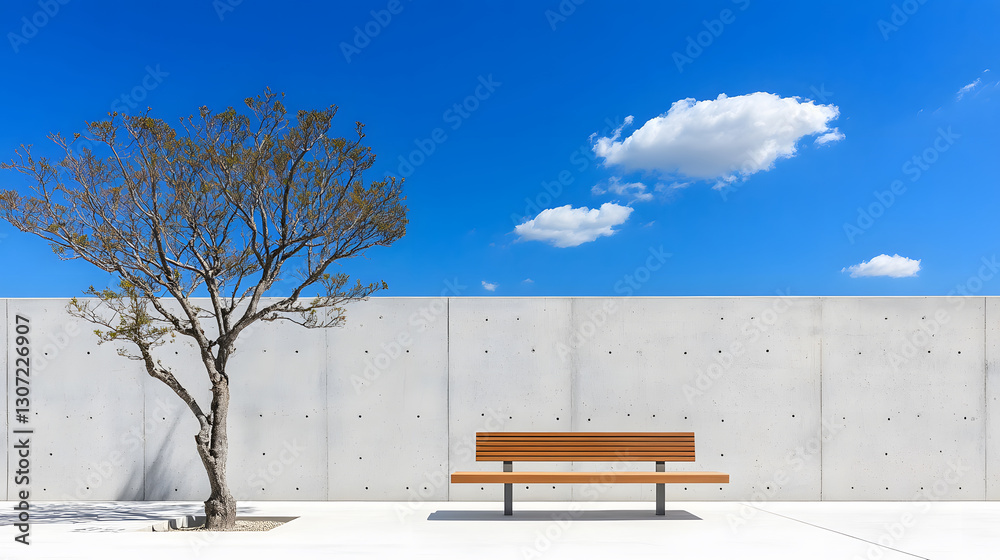 Poster a minimalist scene featuring a solitary bench beside a tree against a backdrop of a clear blue sky a
