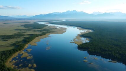 Fototapeta premium Vast Alaskan landscape with winding river, mountains, and dense forest from a high vantage point.