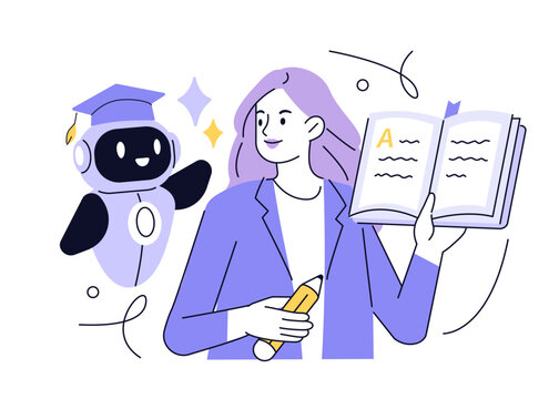AI technology in education. Robot assist teacher by lesson. Character use artificial intelligence generative tools for learning, teaching, exam preparation, educational program. Vector illustration.