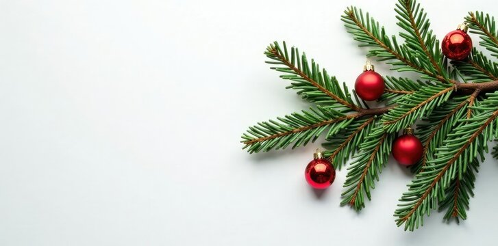 Decorated spruce branch on white background with red and gold balls, holiday ornament, spruce branches