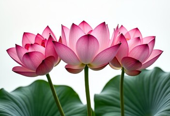 Fototapeta premium Macro Beauty: High-Definition 16K Image of Three Blooming Lotus Flowers with Green Leaves on White, Ideal for Art and Decor