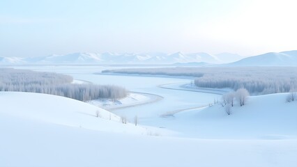 Obraz premium Serene Winter Scenery: Snow-Covered Landscape with Frozen River, Mountains, and Trees