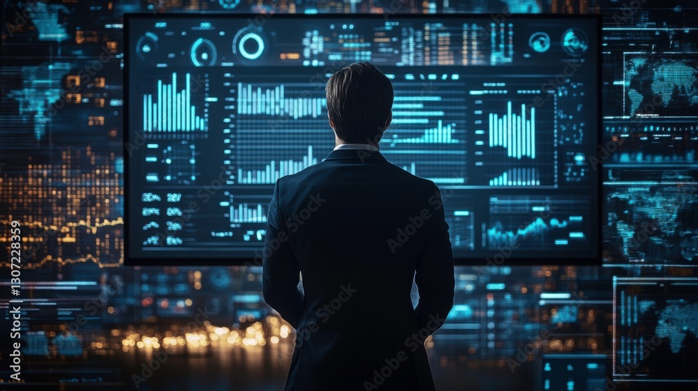 Poster a person in a suit analyzes data on a large screen filled with graphs and charts, emphasizing techno