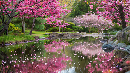 A peaceful pond reflecting pink cherry blossoms in full bloom 