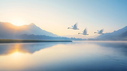 Swans fly sunrise lake mountains serenity
