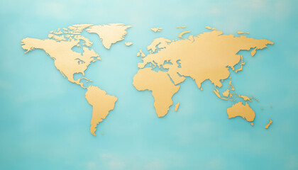 Elegant golden world map on soft blue background, perfect for decor