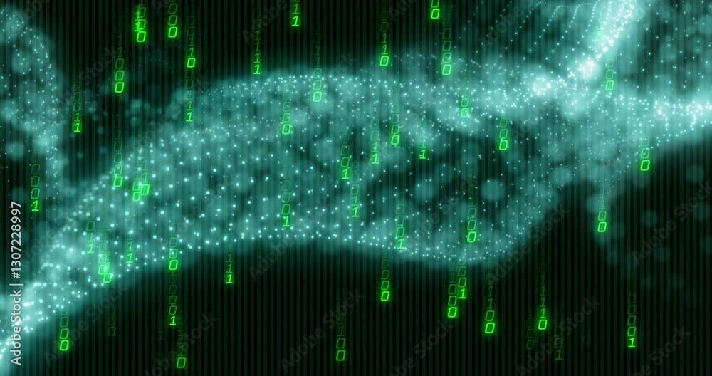 Poster forming abstract hand shape, digital binary code with glowing particles animation